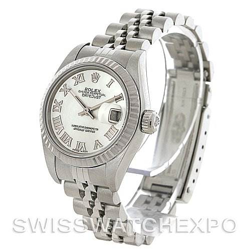 The image shows a Rolex Datejust 79174 Women's Stainless Steel Mother of Pearl Dial 79174 Women's Stainless Steel Mother of Pearl Dial watch at an angled view, highlighting the face, bezel, bracelet, and clasp.