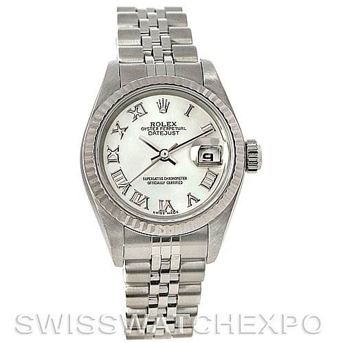 This image shows a front perspective of the entire Rolex Datejust 79174 Women's Stainless Steel Mother of Pearl Dial 79174 Women's Stainless Steel Mother of Pearl Dial watch, including its dial, bezel, crown, and bracelet.