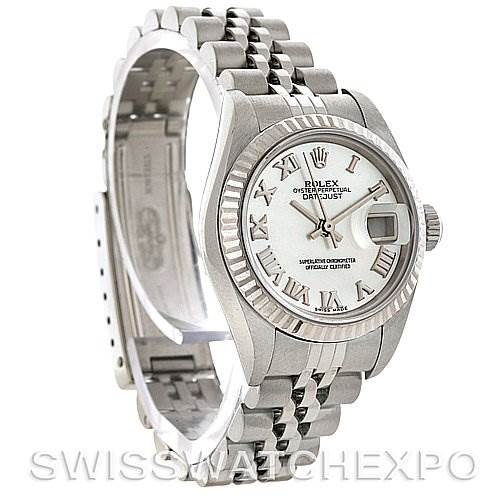 The image shows a Rolex Datejust 79174 Women's Stainless Steel Mother of Pearl Dial 79174 Women's Stainless Steel Mother of Pearl Dial watch from a front-left angle, highlighting the dial, bezel, and bracelet.