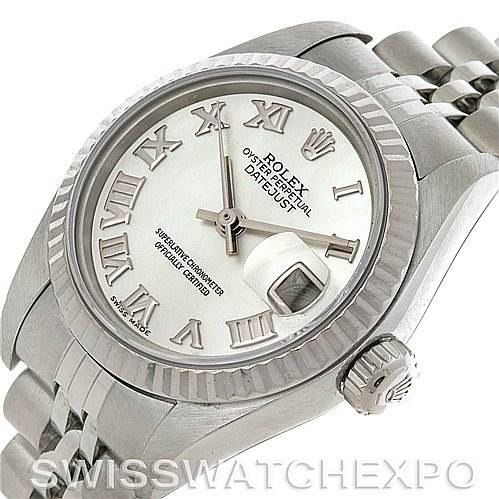 The image shows a Rolex Datejust 79174 Women's Stainless Steel Mother of Pearl Dial 79174 Women's Stainless Steel Mother of Pearl Dial watch at an angled side view, displaying the dial, bezel, crown, and part of the bracelet.
