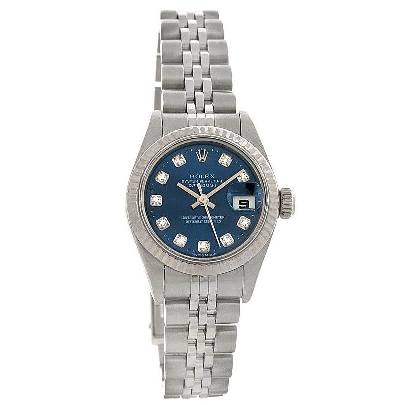 This image shows a front view of a Rolex Datejust 79174 Women
s Stainless Steel Blue Dial 79174 Women
s Stainless Steel Blue Dial watch, highlighting its blue dial, bezel, and bracelet.