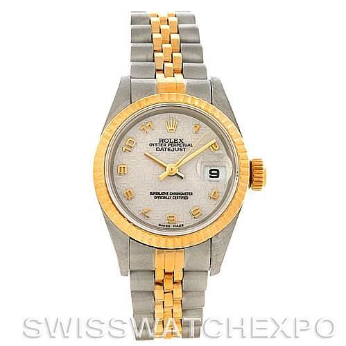 The image shows a Rolex Datejust 69173 Women's Stainless Steel Beige Dial 69173 Women's Stainless Steel Beige Dial watch with a silver and gold jubilee bracelet, fluted bezel, and a date window at the 3 o'clock position.