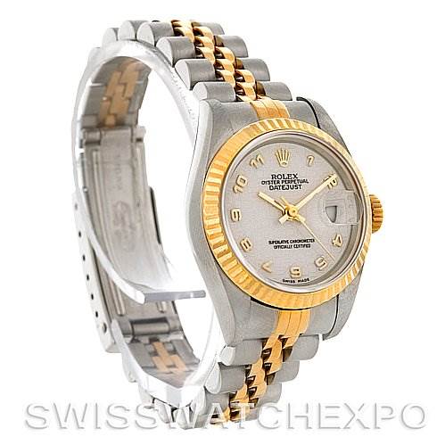 The image shows a Rolex Datejust 69173 Women's Stainless Steel Beige Dial 69173 Women's Stainless Steel Beige Dial watch at an angled side view, highlighting the two-tone bracelet and the fluted bezel.
