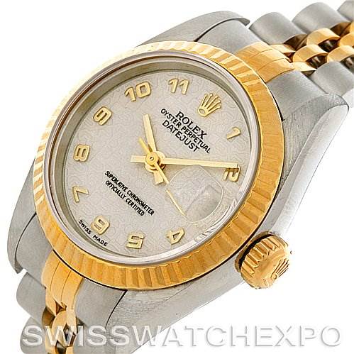 The image shows a Rolex Datejust 69173 Women's Stainless Steel Beige Dial 69173 Women's Stainless Steel Beige Dial watch at an angle, highlighting the dial, bezel, crown, and part of the bracelet.