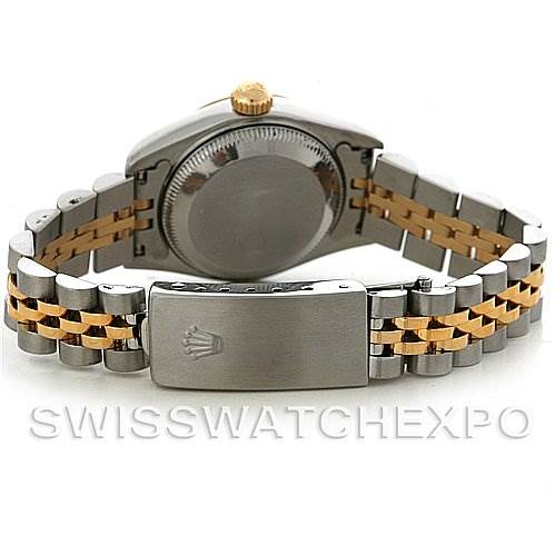 This image shows the back view of a Rolex Datejust 69173 Women's Stainless Steel Beige Dial 69173 Women's Stainless Steel Beige Dial watch, highlighting its bracelet and clasp.