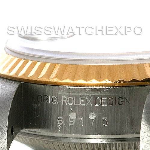 The image shows a close-up of the casing, bezel, and part of the band of a Rolex Datejust 69173 Women's Stainless Steel Beige Dial 69173 Women's Stainless Steel Beige Dial model watch.