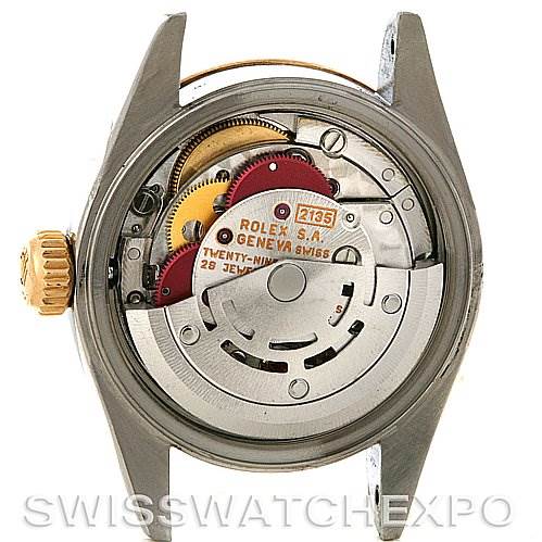 The image shows the movement and interior components of a Rolex Datejust 69173 Women's Stainless Steel Beige Dial 69173 Women's Stainless Steel Beige Dial watch from a rear angle.