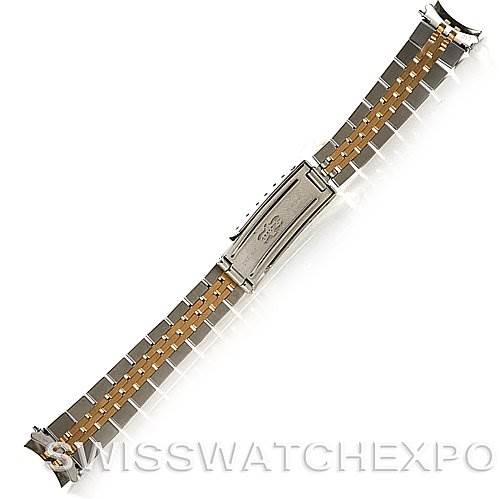 The image shows a Rolex Datejust 69173 Women's Stainless Steel Beige Dial 69173 Women's Stainless Steel Beige Dial watch bracelet with a two-tone metal design, viewed from a top-down angle.
