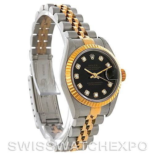 This image shows a Rolex Datejust 79173 Women's Stainless Steel Black Dial 79173 Women's Stainless Steel Black Dial watch at an angle, highlighting the bracelet, crown, and diamond-encrusted dial.