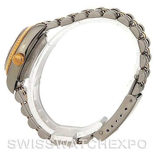 This image shows a side view of a Rolex Datejust 79173 Women's Stainless Steel Black Dial 79173 Women's Stainless Steel Black Dial watch, highlighting the case, bezel, crown, and part of the bracelet.