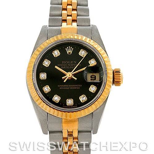 This image shows a front view of a Rolex Datejust 79173 Women's Stainless Steel Black Dial 79173 Women's Stainless Steel Black Dial watch, highlighting its dial, bezel, crown, and bracelet.