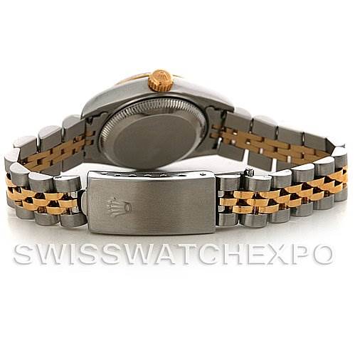 This image shows the back view of a Rolex Datejust 79173 Women's Stainless Steel Black Dial 79173 Women's Stainless Steel Black Dial watch, highlighting the bracelet, clasp, and the case back.