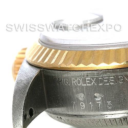This image shows a close-up side view of the case back, bezel, and lugs of a Rolex Datejust 79173 Women's Stainless Steel Black Dial 79173 Women's Stainless Steel Black Dial watch, highlighting the model number.