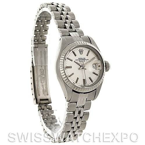 The image displays a Rolex Datejust 6917 Women
s Stainless Steel Silver Dial 6917 Women
s Stainless Steel Silver Dial watch from an angled side view, showing the dial, bezel, crown, and part of the jubilee bracelet.