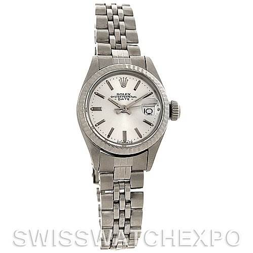 This image shows a Rolex Datejust 6917 Women
s Stainless Steel Silver Dial 6917 Women
s Stainless Steel Silver Dial watch from a front angle, displaying its dial, bezel, and Jubilee bracelet.