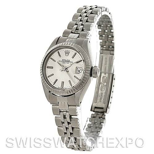 This image shows a Rolex Datejust 6917 Women
s Stainless Steel Silver Dial 6917 Women
s Stainless Steel Silver Dial watch from an angled front view, displaying its face, bezel, crown, and Jubilee bracelet.