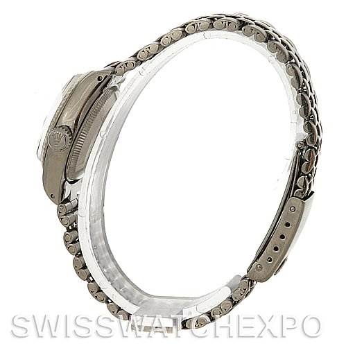 The image shows a side view of a Rolex Datejust 6917 Women
s Stainless Steel Silver Dial 6917 Women
s Stainless Steel Silver Dial watch, focusing on the clasp, bracelet, and case profile.