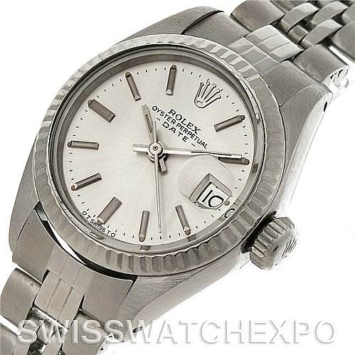 The image shows a close-up view of the dial, bezel, crown, and partial bracelet of a Rolex Datejust 6917 Women
s Stainless Steel Silver Dial 6917 Women
s Stainless Steel Silver Dial watch.