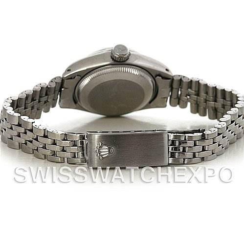 The image shows the back case, crown, and Jubilee bracelet of a Rolex Datejust 6917 Women
s Stainless Steel Silver Dial 6917 Women
s Stainless Steel Silver Dial watch.