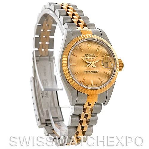 The image shows a side-angle view of a Rolex Datejust 69173 Women's Stainless Steel Champagne Dial 69173 Women's Stainless Steel Champagne Dial watch, displaying its face, bezel, crown, and part of the jubilee bracelet.