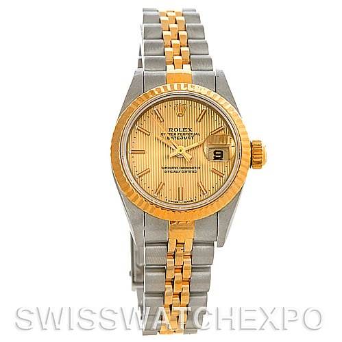 This image shows a front view of the Rolex Datejust 69173 Women's Stainless Steel Champagne Dial 69173 Women's Stainless Steel Champagne Dial watch, highlighting its bicolor bracelet, dial, and bezel.