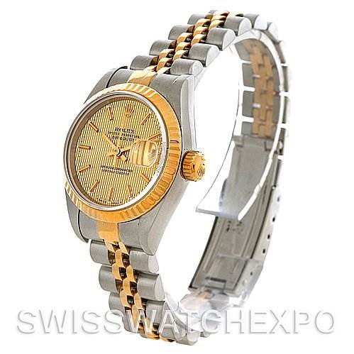 This image shows a Rolex Datejust 69173 Women's Stainless Steel Champagne Dial 69173 Women's Stainless Steel Champagne Dial watch at a side angle, highlighting its two-tone bracelet and gold fluted bezel.