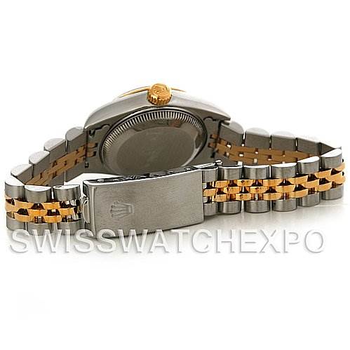 This image shows the back of the Rolex Datejust 69173 Women's Stainless Steel Champagne Dial 69173 Women's Stainless Steel Champagne Dial watch, featuring its clasp and two-tone bracelet.