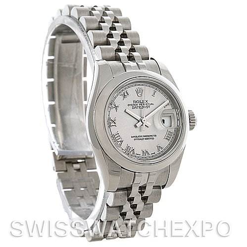 This photo shows a Rolex Datejust 179160SRO Women's Stainless Steel Grey Dial 179160SRO Women's Stainless Steel Grey Dial watch from a slightly angled side view, highlighting the dial, bezel, and bracelet.