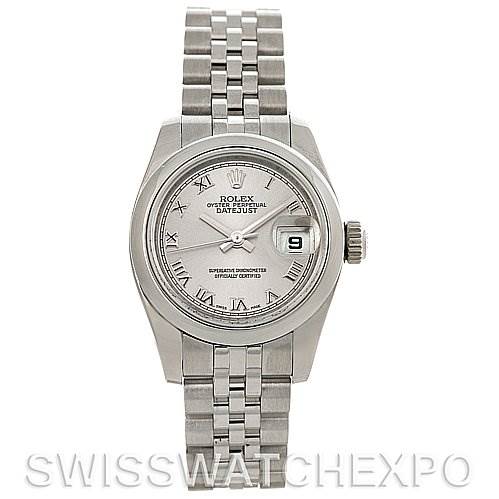 This image shows a Rolex Datejust 179160SRO Women's Stainless Steel Grey Dial 179160SRO Women's Stainless Steel Grey Dial watch from a front angle highlighting its dial, bezel, crown, and bracelet.