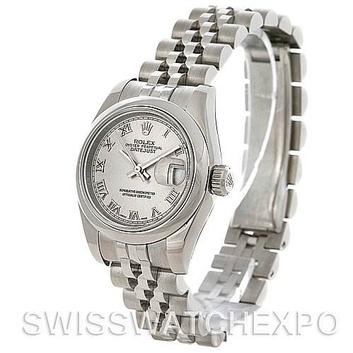 This image shows a side-angle view of the Rolex Datejust 179160SRO Women's Stainless Steel Grey Dial 179160SRO Women's Stainless Steel Grey Dial watch, displaying the dial, bezel, crown, and bracelet.