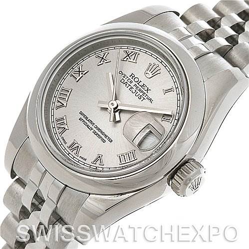 This image shows a Rolex Datejust 179160SRO Women's Stainless Steel Grey Dial 179160SRO Women's Stainless Steel Grey Dial watch from a tilted top view, displaying the face, bezel, crown, and part of the bracelet.