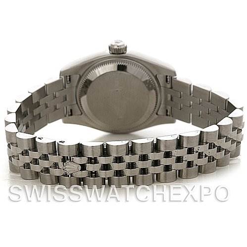 This image shows the back of a Rolex Datejust 179160SRO Women's Stainless Steel Grey Dial 179160SRO Women's Stainless Steel Grey Dial watch and its metal bracelet, viewed from a slight angle.