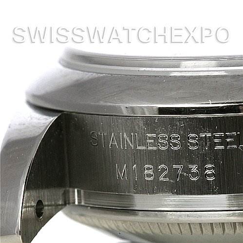 The image shows a close-up angle of the side of a Rolex Datejust 179160SRO Women's Stainless Steel Grey Dial 179160SRO Women's Stainless Steel Grey Dial watch, highlighting the engraving "STAINLESS STEEL".