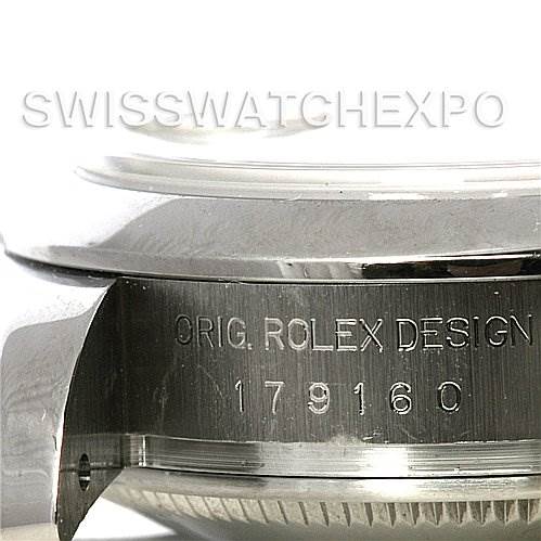 The image shows a close-up side angle of the casing of a Rolex Datejust 179160SRO Women's Stainless Steel Grey Dial 179160SRO Women's Stainless Steel Grey Dial watch, highlighting the model number and the inscription "ORIG. ROLEX DESIGN".