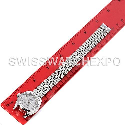 The Rolex Datejust 179160SRO Women's Stainless Steel Grey Dial 179160SRO Women's Stainless Steel Grey Dial watch is displayed flat and measured against a red ruler, showing the face, bezel, and bracelet.