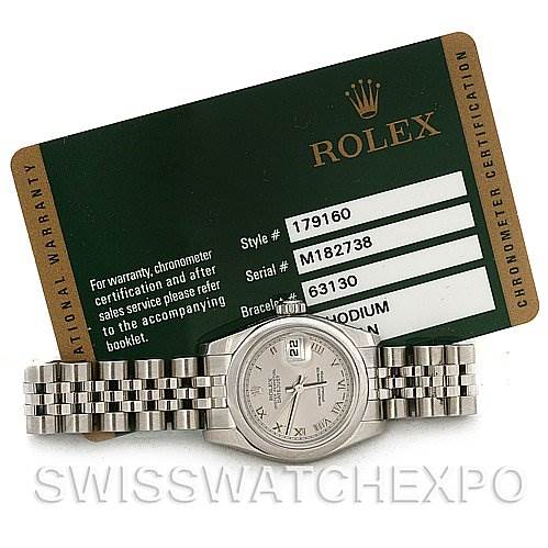 The image shows a front view of a Rolex Datejust 179160SRO Women's Stainless Steel Grey Dial 179160SRO Women's Stainless Steel Grey Dial watch alongside its certification card.