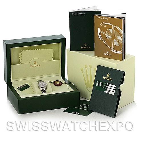 The image shows a Rolex Datejust 179160SRO Women's Stainless Steel Grey Dial 179160SRO Women's Stainless Steel Grey Dial watch, accessories, box, and manuals, all presented at a slightly elevated angle.