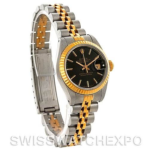 The Rolex Datejust 69173 Women's Stainless Steel Black Dial 69173 Women's Stainless Steel Black Dial watch is shown at a slight angled side view, displaying the face, bezel, crown, and bracelet.