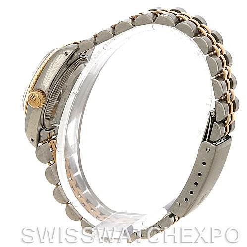 The image shows a side view of a Rolex Datejust 69173 Women's Stainless Steel Black Dial 69173 Women's Stainless Steel Black Dial watch, highlighting the two-tone bracelet and the side of the case with the crown.