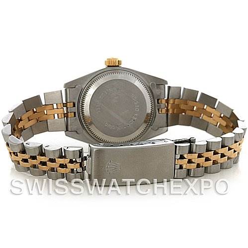 This image shows the back case and bracelet of a Rolex Datejust 69173 Women's Stainless Steel Black Dial 69173 Women's Stainless Steel Black Dial watch, viewed from the rear.