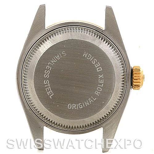 The image shows the case back of a Rolex Datejust 69173 Women's Stainless Steel Black Dial 69173 Women's Stainless Steel Black Dial watch, with the crown visible on the right side.