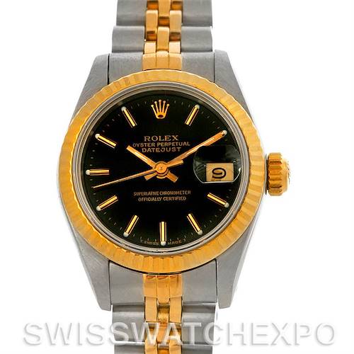 Photo of Rolex Datejust Ladies Steel 18k Yellow Gold Black Index Dial Fluted Bezel 69173