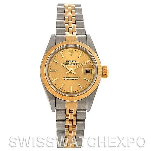 The image shows a Rolex Datejust 79173 Women's Stainless Steel Champagne Dial 79173 Women's Stainless Steel Champagne Dial watch from a top-down angle, displaying the face, bezel, crown, and bracelet.