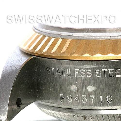 The image shows a close-up side angle of a Rolex Datejust 79173 Women's Stainless Steel Champagne Dial 79173 Women's Stainless Steel Champagne Dial watch, highlighting the stainless steel and model number.