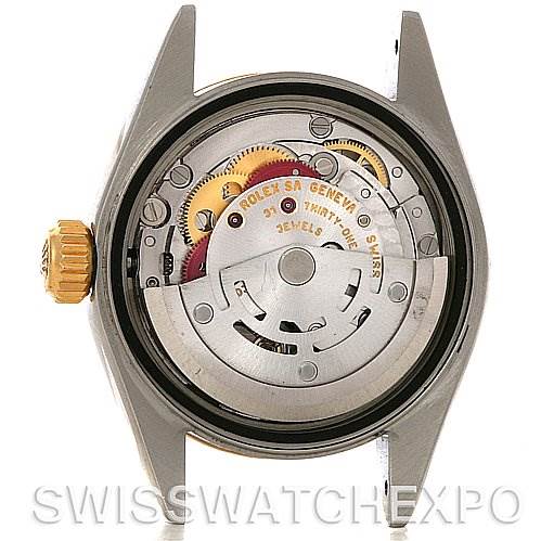 This is a rear view of a Rolex Datejust 79173 Women's Stainless Steel Champagne Dial 79173 Women's Stainless Steel Champagne Dial watch showing its internal mechanical movement.