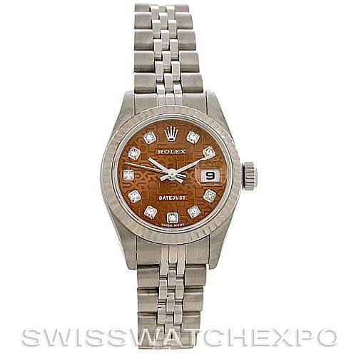This image shows a Rolex Datejust 79174 Women's Stainless Steel Brown Dial 79174 Women's Stainless Steel Brown Dial watch from a front angle, highlighting the face, bracelet, and crown.