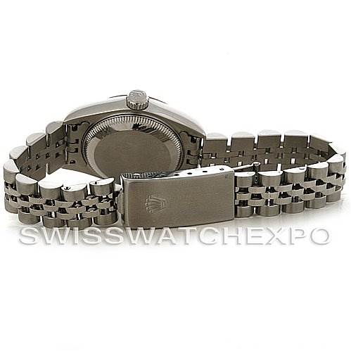 The image shows the back view and bracelet of a Rolex Datejust 79174 Women's Stainless Steel Brown Dial 79174 Women's Stainless Steel Brown Dial watch, highlighting the clasp and case back.