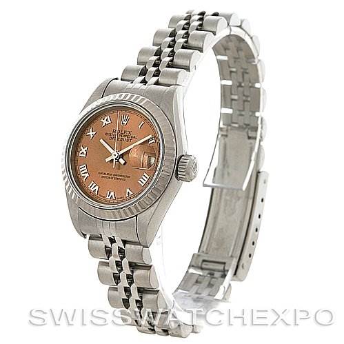 The image shows a Rolex Datejust 69174 Women's Stainless Steel Pink Dial 69174 Women's Stainless Steel Pink Dial model watch from a three-quarter angle, displaying the face, bezel, crown, and bracelet.