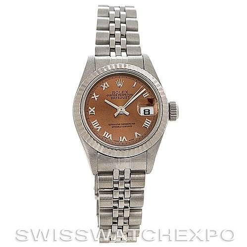 This image shows a front view of the Rolex Datejust 69174 Women's Stainless Steel Pink Dial 69174 Women's Stainless Steel Pink Dial watch, highlighting the dial, case, bracelet, and date window.