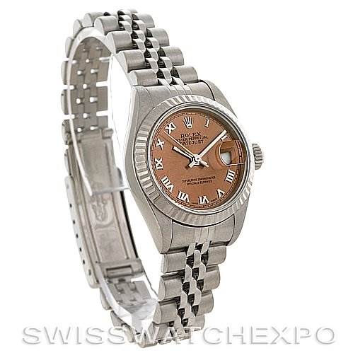 This image shows a Rolex Datejust 69174 Women's Stainless Steel Pink Dial 69174 Women's Stainless Steel Pink Dial watch at a slight angle, highlighting the dial, bezel, and part of the bracelet.